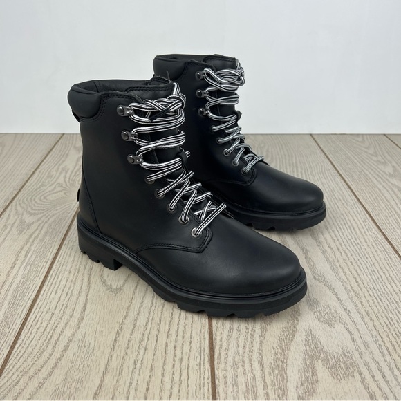 Sorel Women's Lennox Leather Lace-Up STKD WP Boots US8.5 Black / Sea Salt $190 - Picture 1 of 12
